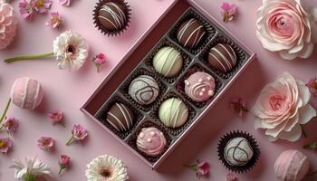 Pink and Brown Chocolate Truffles in a Box With Flowers on Pink Background photo