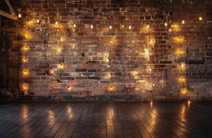 Brick Wall With String Lights and Wooden Floor photo