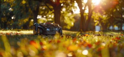 Robotic Lawn Mower in Autumnal Park Setting photo
