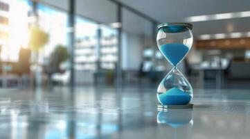 Blue Hourglass on Wooden Table in Modern Office photo