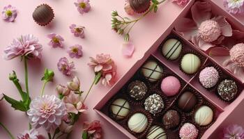 Pink and Brown Chocolate Truffles in a Box With Flowers on Pink Background photo