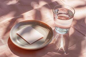 Blank Note Card on White Saucer With Glass of Water and Leaf Shadows on Pink Surface photo