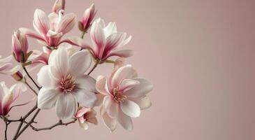 Close Up of Delicate Pink Magnolia Blossoms on a Branch Against a Light Pink Background photo