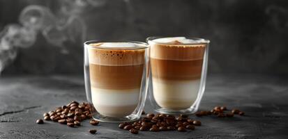 Two Steaming Cups of Coffee With Whipped Cream on a Dark Countertop photo