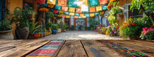 Wooden Tabletop With Blurry Background Of Colorful Decorated Street photo