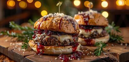 Gourmet Cheeseburger With Cranberry Sauce and Rosemary Garnish on a Wooden Cutting Board photo