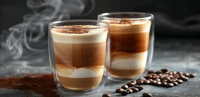 Two Steaming Cups of Coffee With Whipped Cream on a Dark Countertop photo