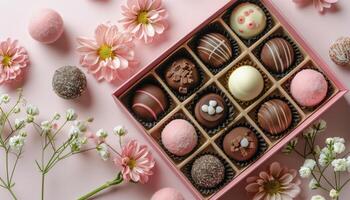 Pink and Brown Chocolate Truffles in a Box With Flowers on Pink Background photo