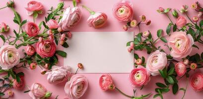Pink Ranunculus Flowers and Blank Card on a Pink Background photo