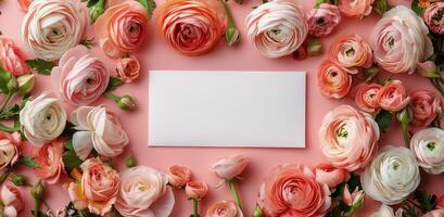 Pink Ranunculus Flowers and Blank Card on a Pink Background photo