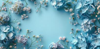 Blue Hydrangeas and Delicate White Flowers Frame a Light Blue Background photo