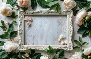 White Frame Surrounded by Pink and White Peonies and Green Leaves on White Background photo