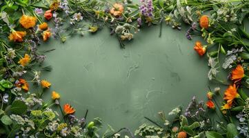 Colorful Wildflowers Arranged in a Heart Shape on a Green Background photo