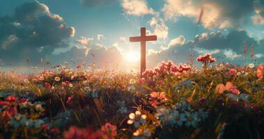 Wooden Cross Standing Tall in a Field of Flowers at Sunset photo