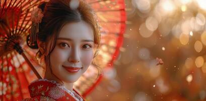 Smiling Woman In Traditional Japanese Kimono Holds Red Umbrella photo