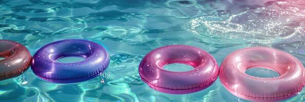 Colorful Inflatable Pool Floats Floating In a Sparkling Pool on a Sunny Day photo