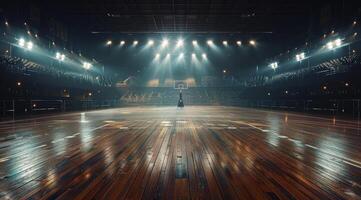 Empty Basketball Court in a Large Indoor Stadium photo