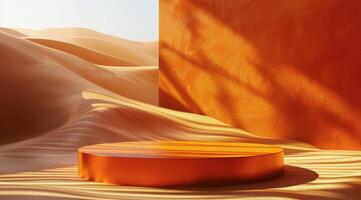 Three Tiered Podium in a Desert Landscape With Rolling Sand Dunes photo