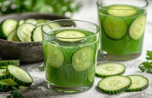 Refreshing Cucumber Juice With Sliced Cucumbers on a White Surface photo