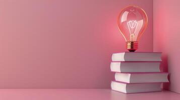 A Pink Lightbulb Atop a Stack of Books on a Pink Background photo