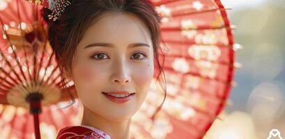 Smiling Woman In Traditional Japanese Kimono Holds Red Umbrella photo