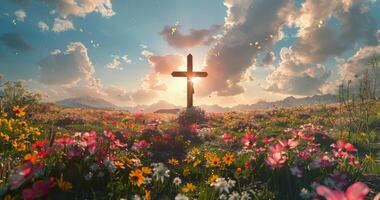 Wooden Cross Standing Tall in a Field of Flowers at Sunset photo