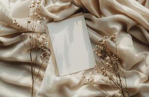 White Envelope on Cream Fabric With Dried Flowers and Sunlight Shadows photo