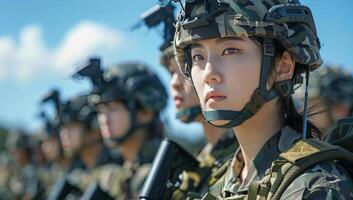 Young Soldier Aiming Rifle During Military Training Exercise photo