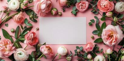 Pink Ranunculus Flowers and Blank Card on a Pink Background photo