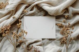 White Envelope on Cream Fabric With Dried Flowers and Sunlight Shadows photo