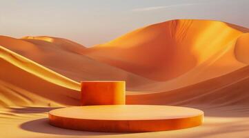 Three Tiered Podium in a Desert Landscape With Rolling Sand Dunes photo