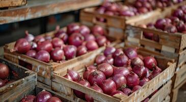 Red Onions in Wooden Crates at a Produce Market photo