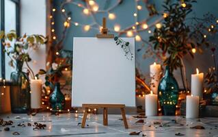 Blank Canvas With Candles and Flowers in a Window-Lit Room photo