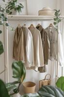 Neutral Knitted Sweaters Hanging on a White Closet Rod With Straw Hats Above photo
