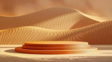 Three Tiered Podium in a Desert Landscape With Rolling Sand Dunes photo