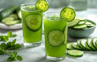 Refreshing Cucumber Juice With Sliced Cucumbers on a White Surface photo