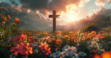 Wooden Cross Standing Tall in a Field of Flowers at Sunset photo