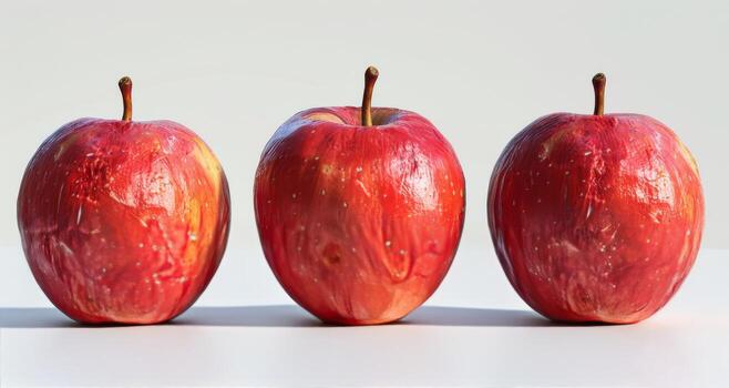 Three Red Apples Aligned On White Surface In Natural Light photo