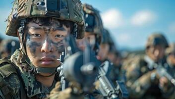 Young Soldier Aiming Rifle During Military Training Exercise photo