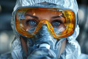 Close Up of a Woman Wearing a Protective Respirator Mask and Goggles photo