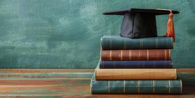 Graduation Cap Resting on Stack of Books Against Green Background photo