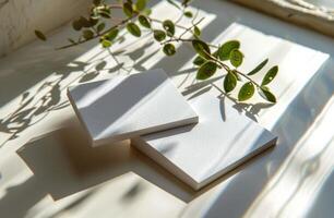 White Square Boards With Green Plant and Sunlight Shadows photo