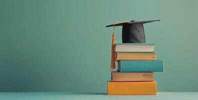Graduation Cap Resting on Stack of Books Against Green Background photo
