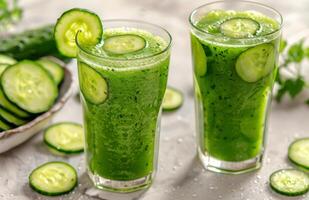 Refreshing Cucumber Juice With Sliced Cucumbers on a White Surface photo