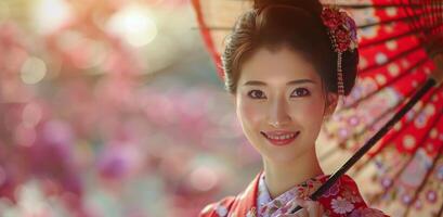 Smiling Woman In Traditional Japanese Kimono Holds Red Umbrella photo