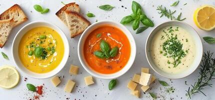 Three Bowls of Tomato Soup With Fresh Basil and Bread Slices photo