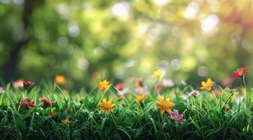 Colorful Wildflowers Blooming in a Lush Green Meadow on a Sunny Day photo