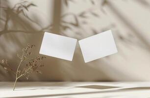 Two Blank White Cards Floating in Air With Shadows and Dried Plant photo