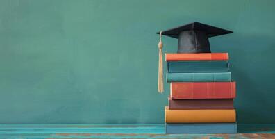 Graduation Cap Resting on Stack of Books Against Green Background photo