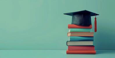 Graduation Cap Resting on Stack of Books Against Green Background photo